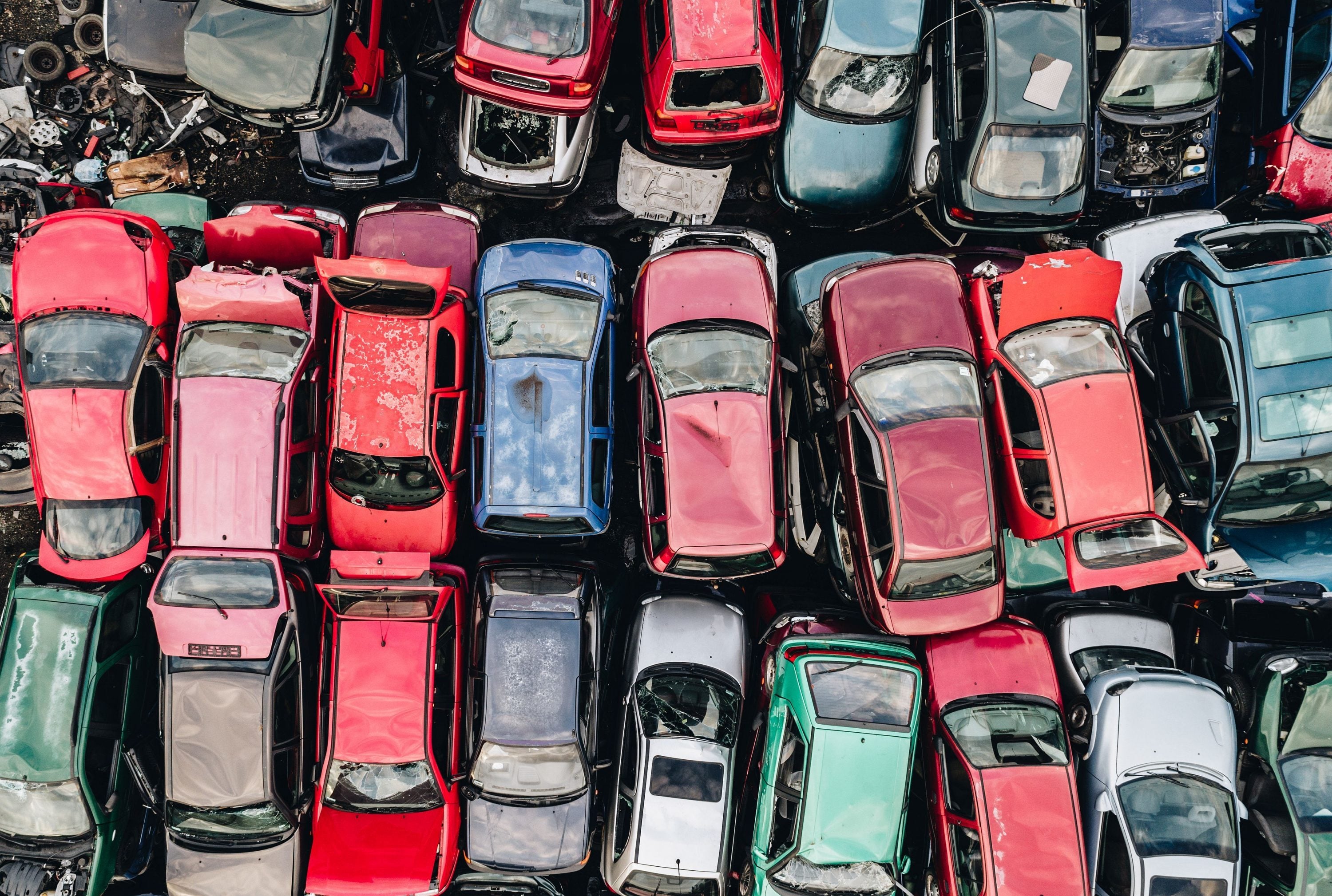 Aerial view of cars in rows waiting to be scrapped. Williams Metal Recycling. Scrap Metall. Car Collections. Scrap Metal. Pewsey, Wiltshire.